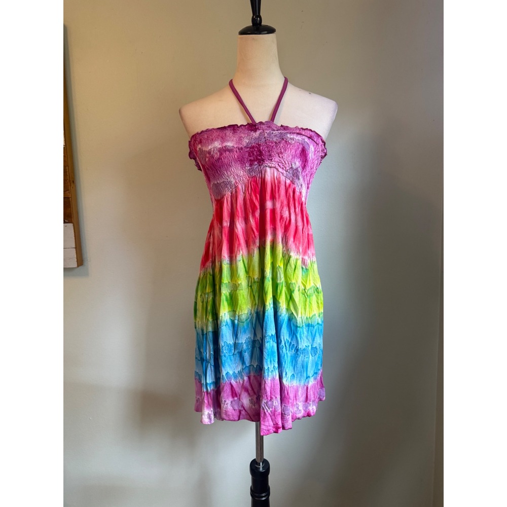 Rainbow TieDye Smocked Halter MiniDress CoverUp Pink Blue Green boho beach M NWt